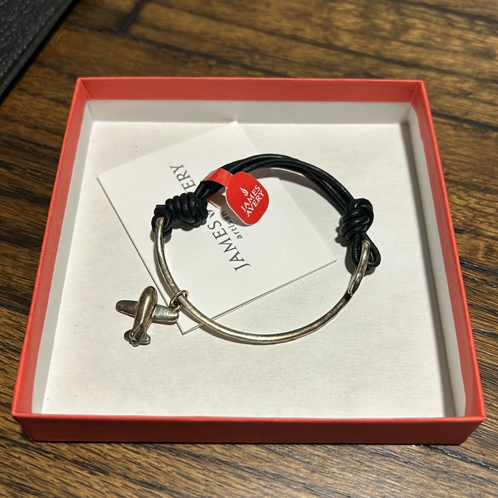 James Avery silver and leather bracelet with silver plane charm